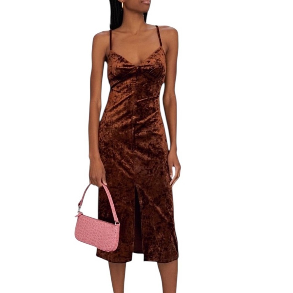 WeWoreWhat x Revolve Crushed Velvet Midi Slip Bodycon Dress Brown Size M